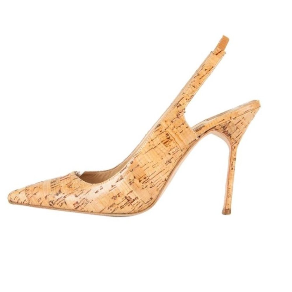 Manolo Blahnik Cork Pointed Toe Slingback Stilettos Sz 39.5